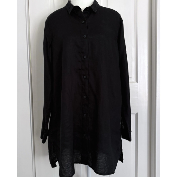 Garnet Hill Black Easy Linen Tunic Top Sz M Long Sleeve Button Up Minimalist - Picture 6 of 15
